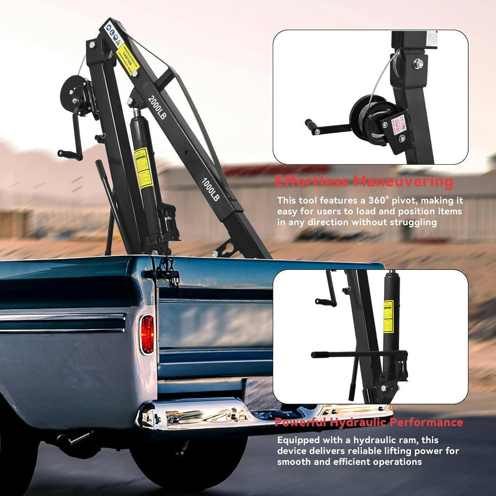 Hydraulic Pickup Truck Crane with Hand Winch, 2000 lb Capacity, 360° Rotation, Black K54541