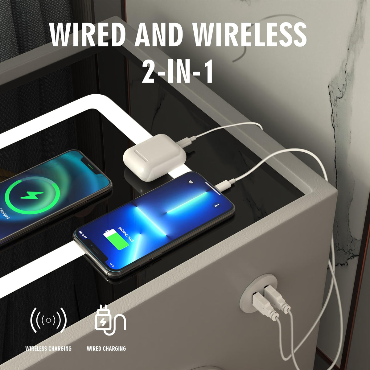 Grey 2 Drawer Nightstand with Wireless Charging Station Y614