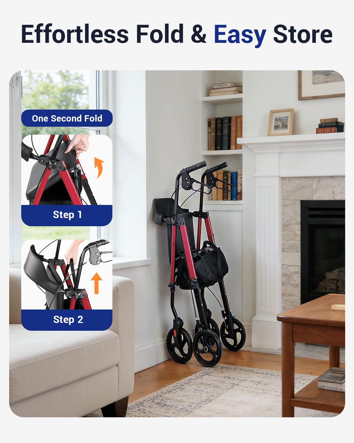 Red 350 lb Capacity Foldable Rollator Walker with Seat S499
