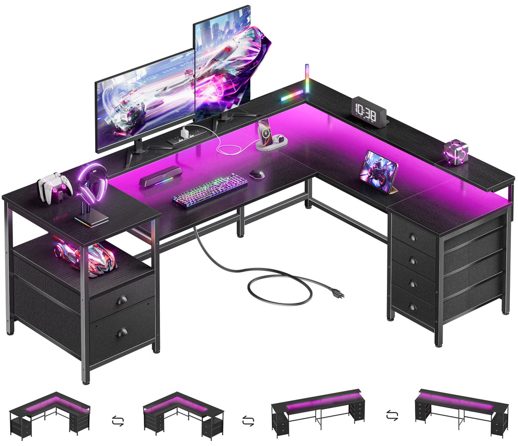 66'' L Shaped Gaming Desk with 6 Drawers, LED, Outlets, Black M9903