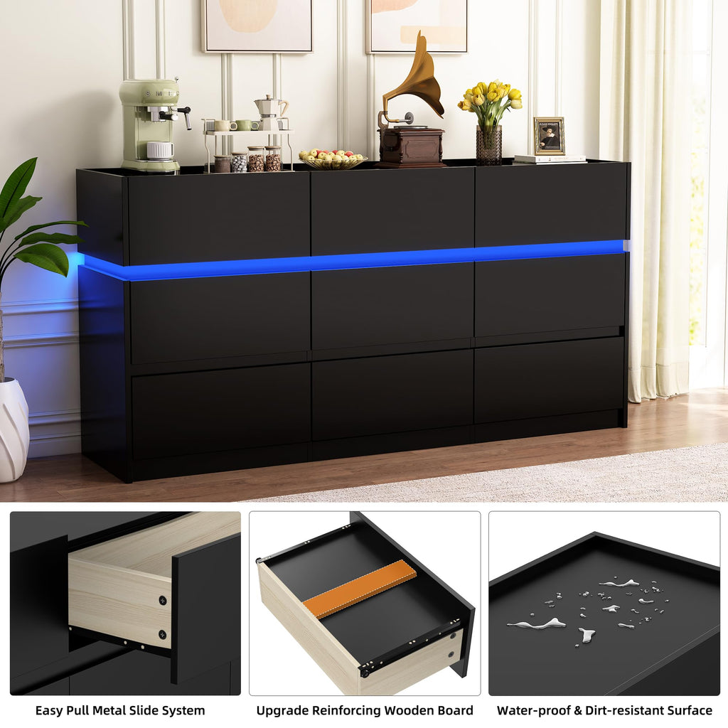 Black 9 Drawer Dresser with Charging Station and LED Lights Q105042