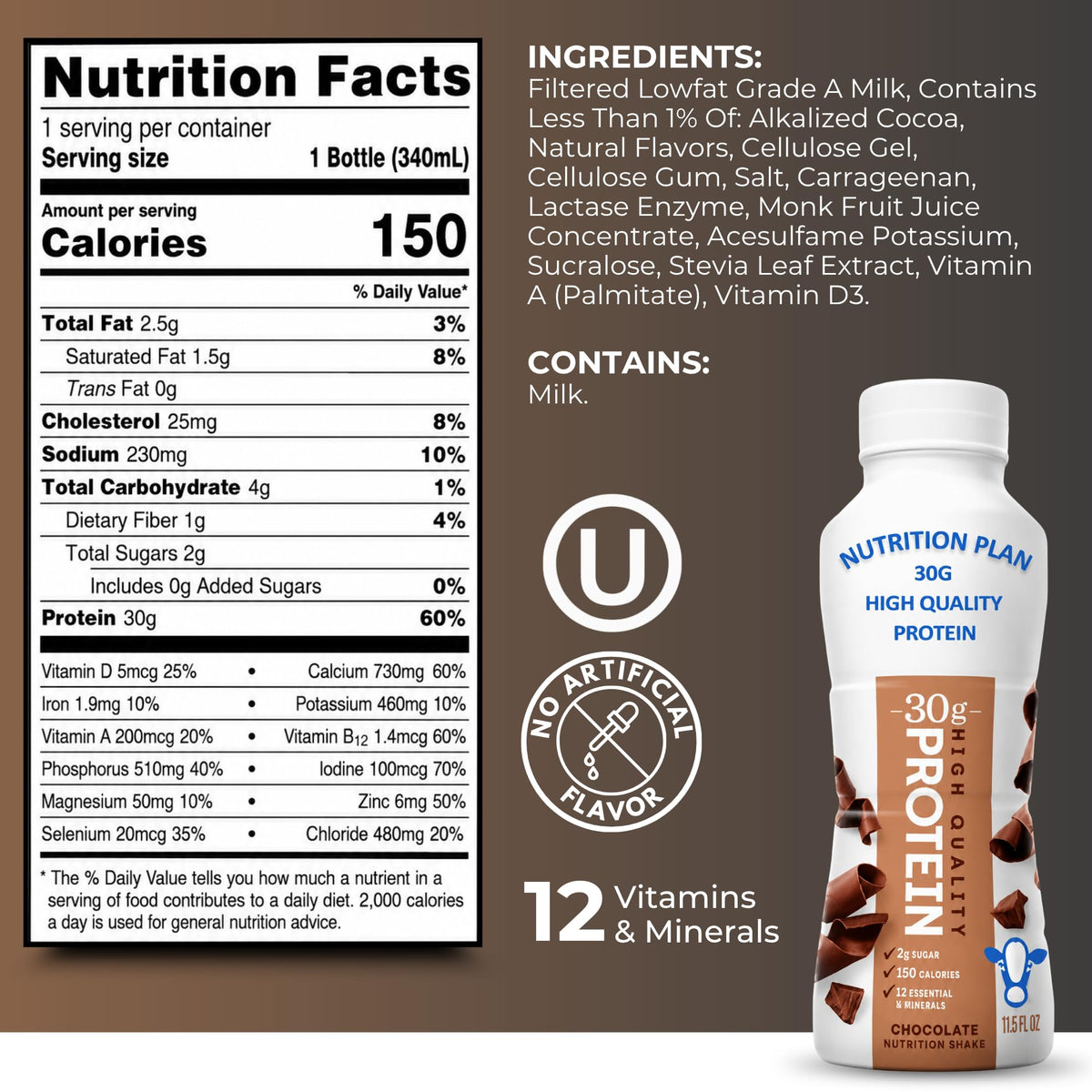 High-Protein Ready to Drink Shake – 30g Milk Protein, 150 Calories, 2g Sugar – Lactose Free, Chocolate, 11.5 fl oz (12 Pack) F663