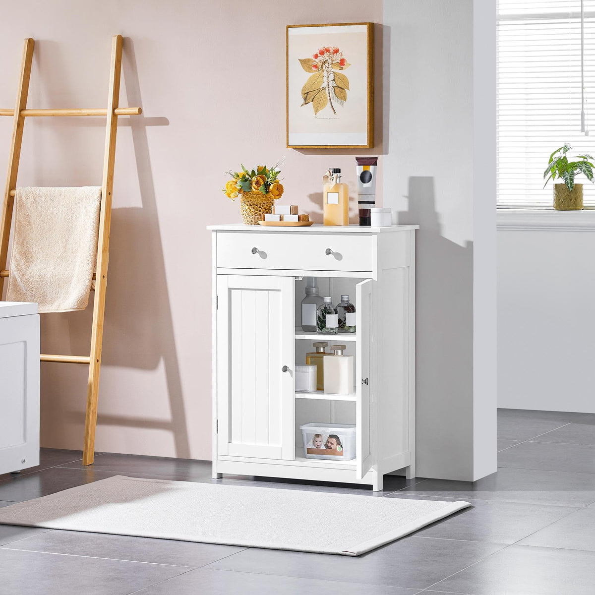 White Bathroom Storage Cabinet with Drawer and 2 Doors I97487