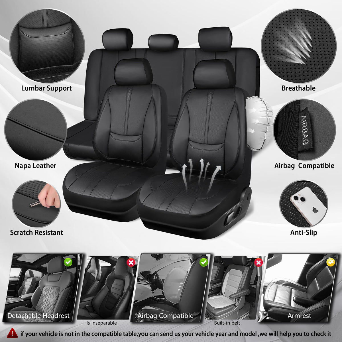 Black Nappa Leather Car Seat Covers Full Set Y660792