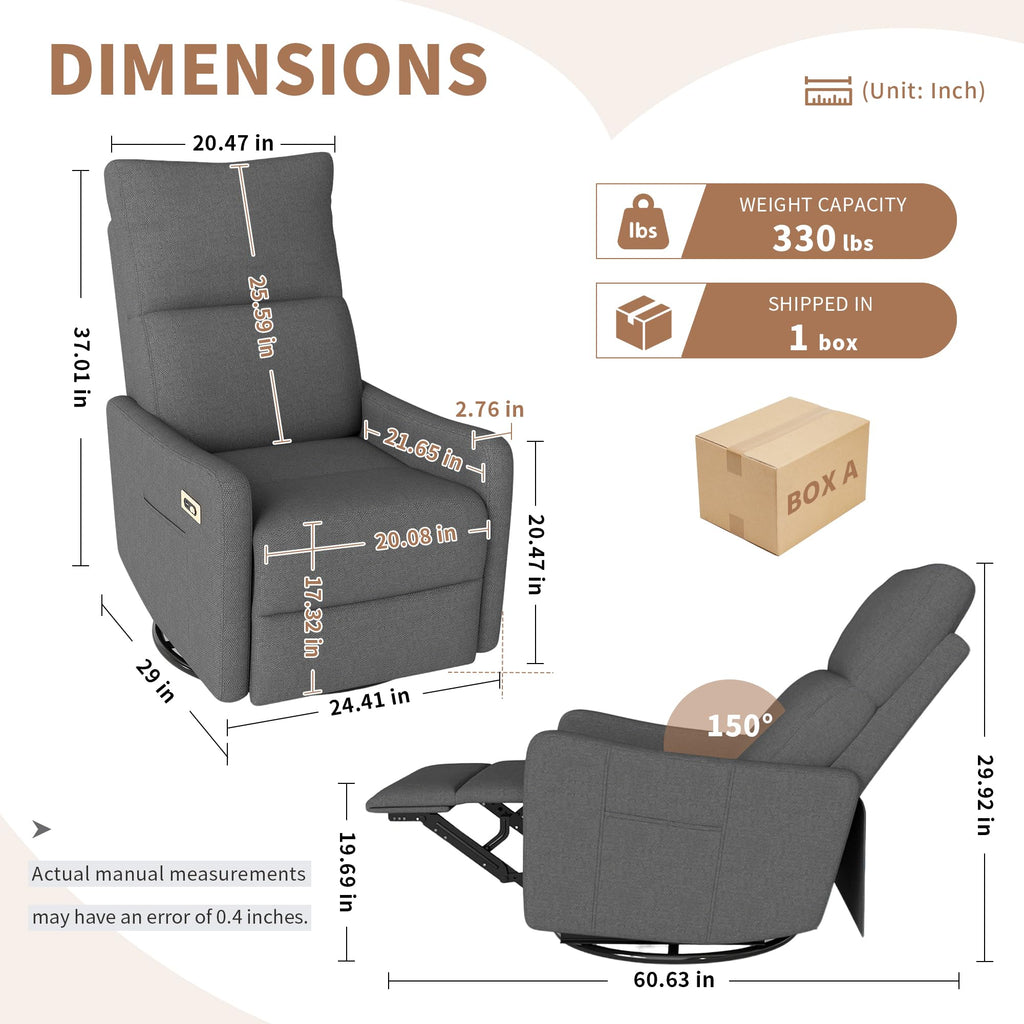 29" Electric Power Swivel Rocking Recliner Chair Dark Gray G917