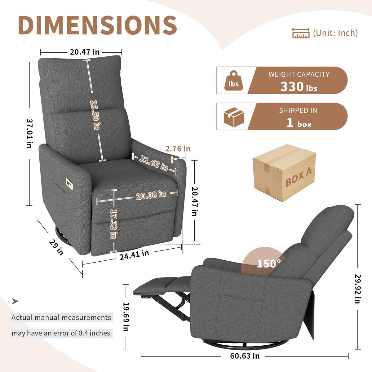 29" Electric Power Swivel Rocking Recliner Chair Dark Gray G917