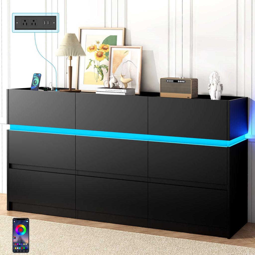 Black 9 Drawer Dresser with Charging Station and LED Lights Q105042