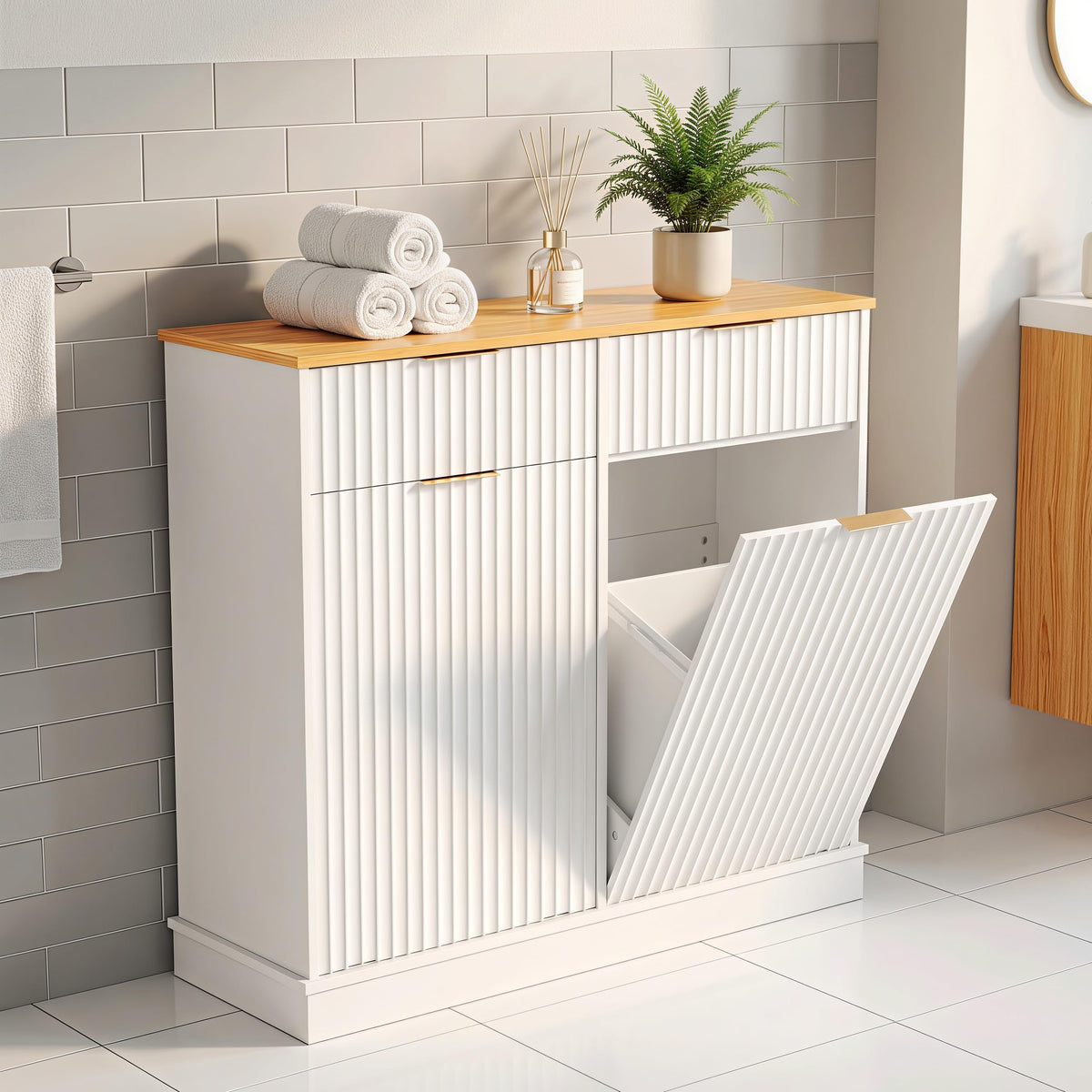 20 Gallon Double Tilt Out Wooden Trash Can Cabinet with Storage Drawers F73952