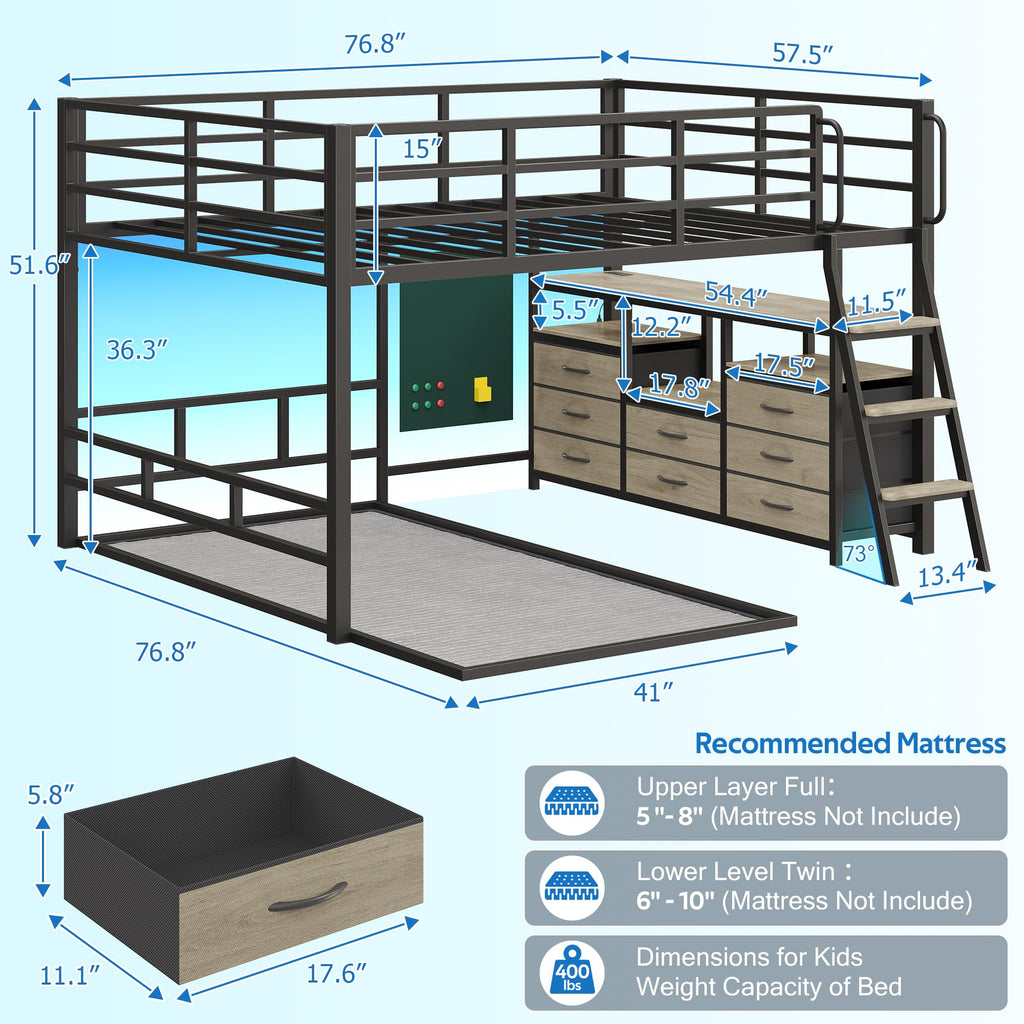 Full Over Twin Bunk Bed with 8 Drawers Grey E71331