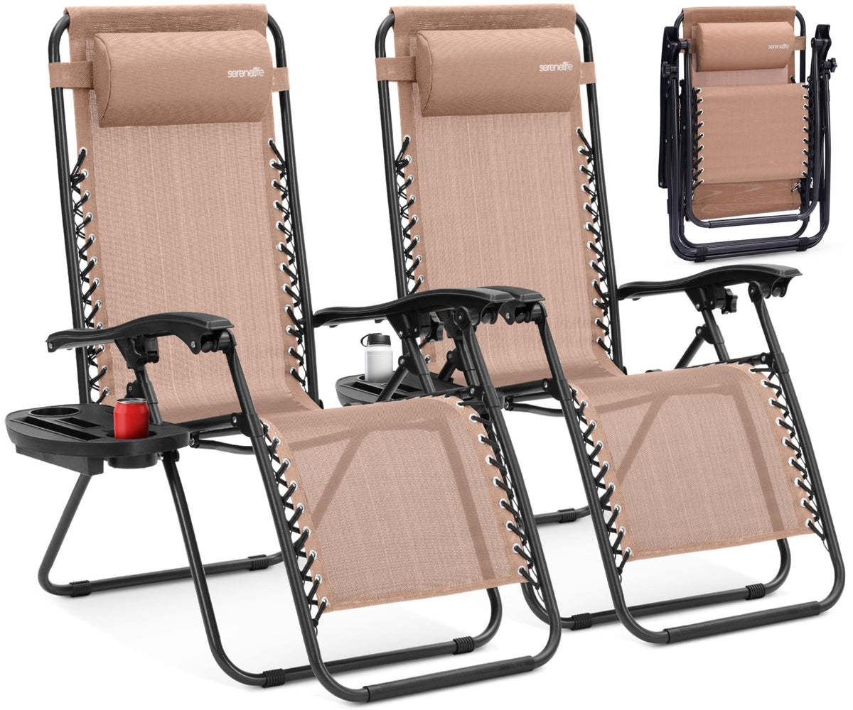 Adjustable Steel Mesh Zero Gravity Chairs Set of 2 with Cup Holder Tray D5009