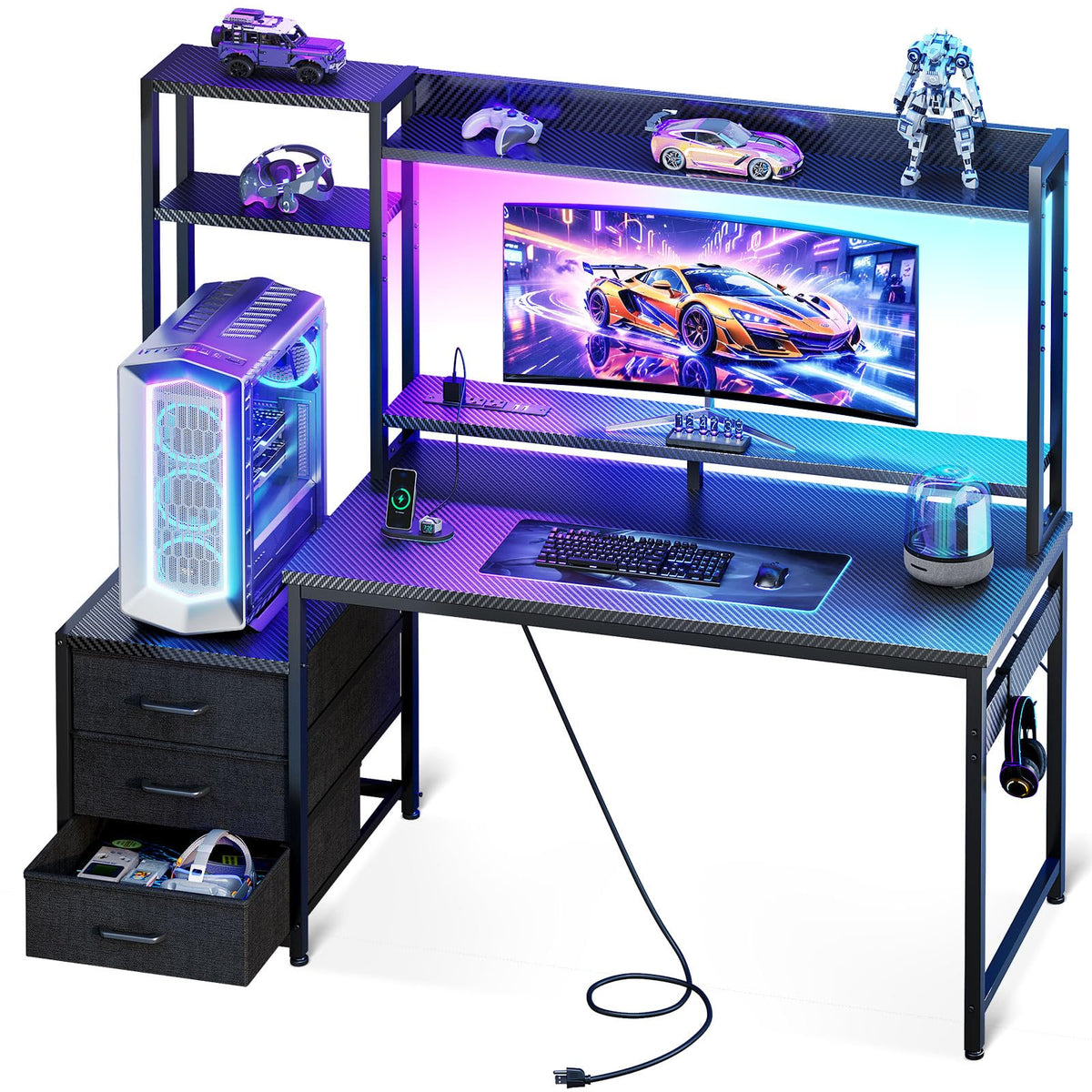 48 Inch Gaming Desk with Shelves and Drawers V5056