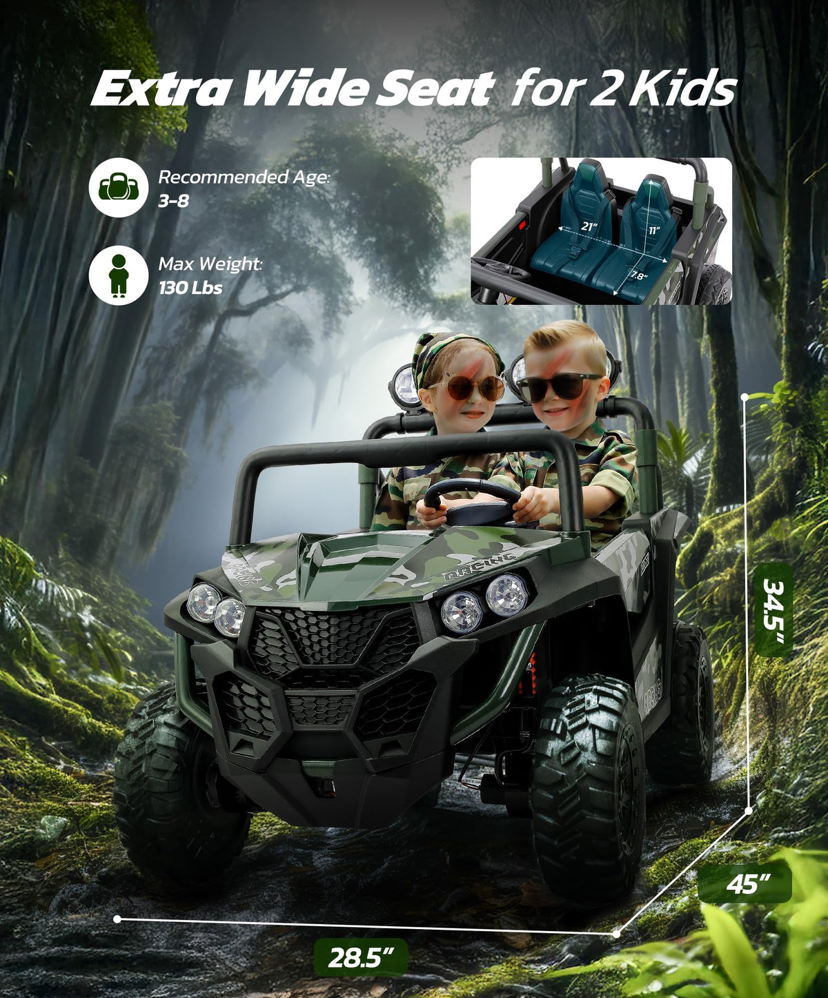 2 Seater 24V Battery Powered Ride on Car with Remote Control, Camouflage Green B795080