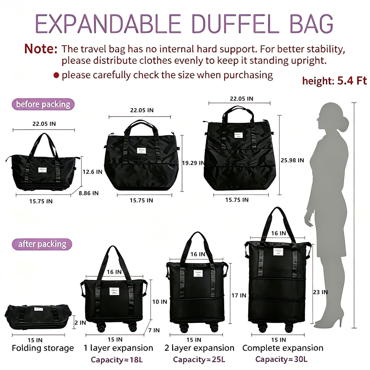 Expandable Rolling Duffle Bag with Wheels, 18L to 30L, Black X962130