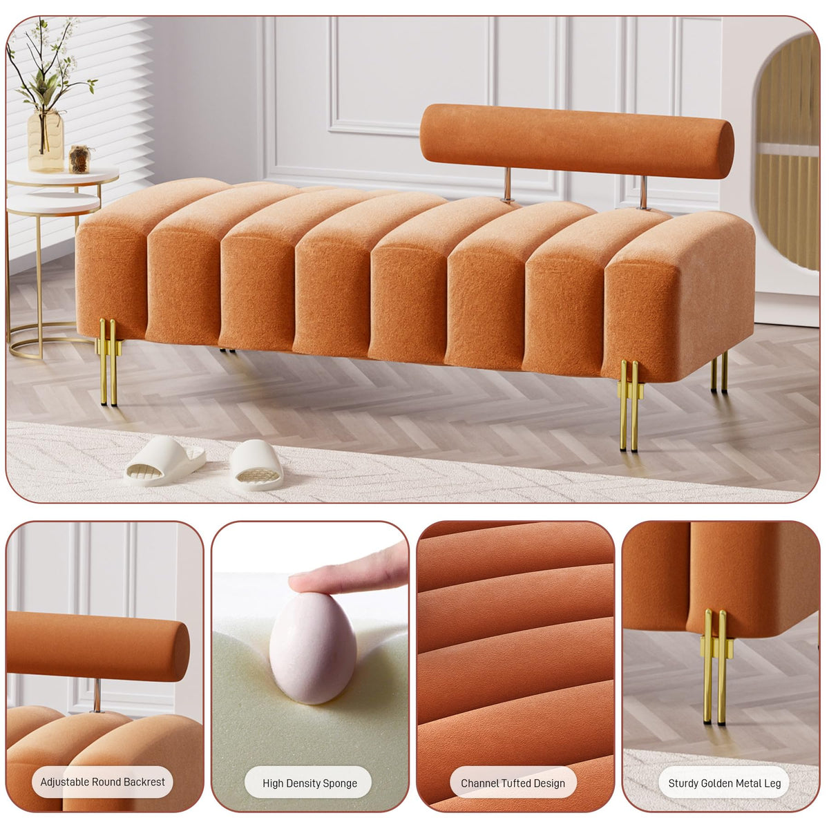 Orange Velvet Bench Ottoman H16215