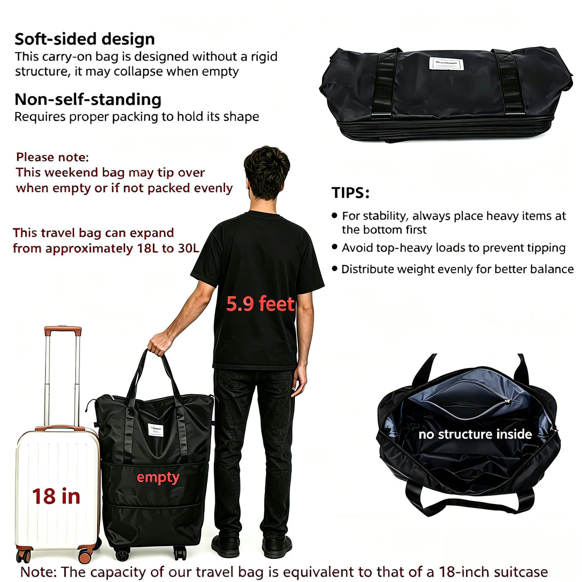 Expandable Rolling Duffle Bag with Wheels, 18L to 30L, Black X962130
