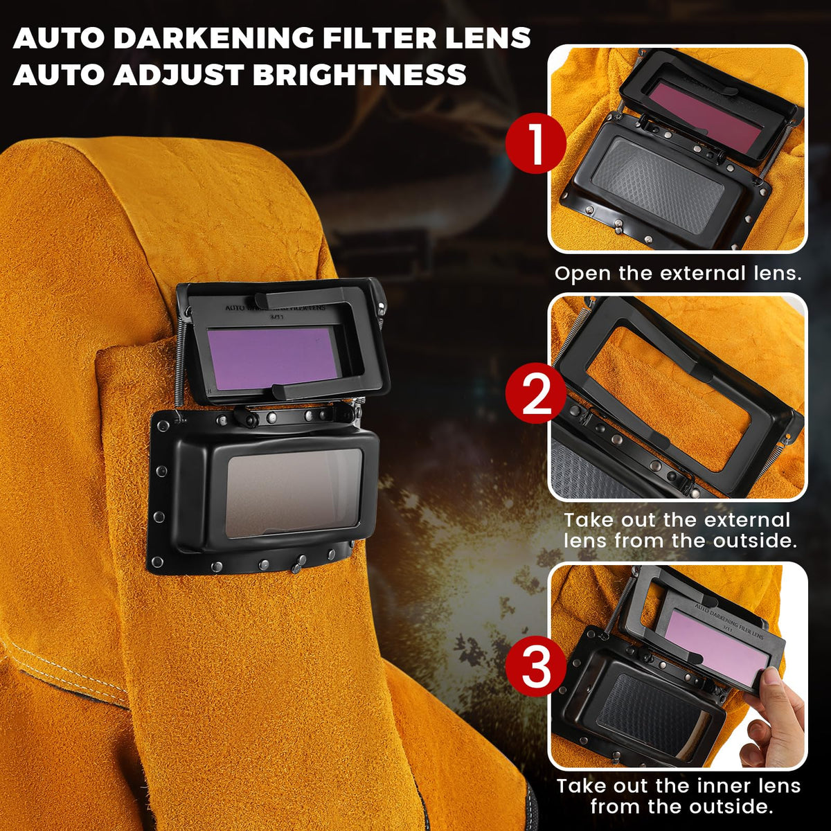 Leather Welding Hood with Auto Darkening Filter Lens D970384