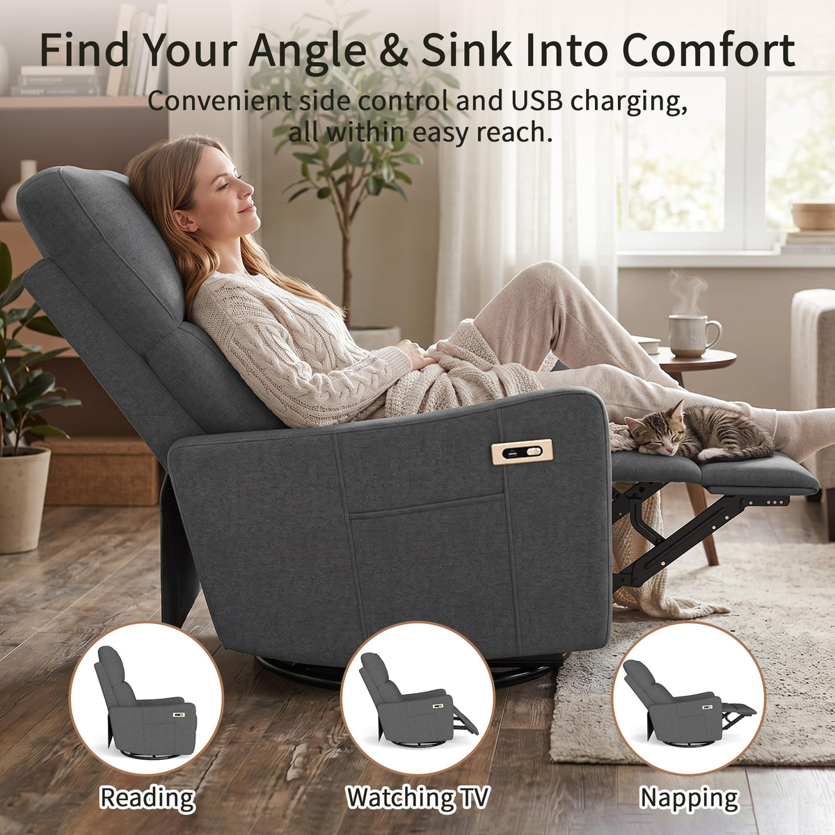 29" Electric Power Swivel Rocking Recliner Chair Dark Gray G917