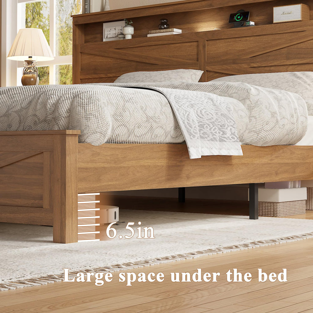 King Size Farmhouse Wooden Bed Frame with Storage Headboard T694