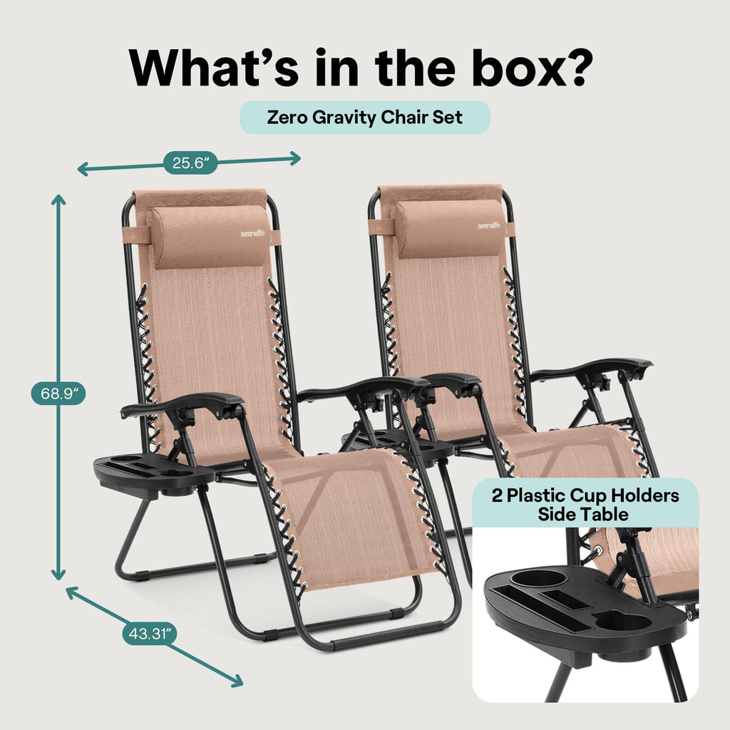 Adjustable Steel Mesh Zero Gravity Chairs Set of 2 with Cup Holder Tray D5009
