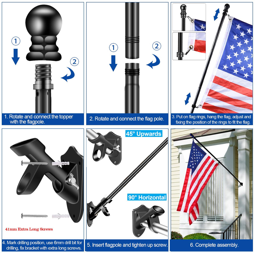 Black 5 FT Stainless Steel Wall Mount Flag Pole Kit H9714