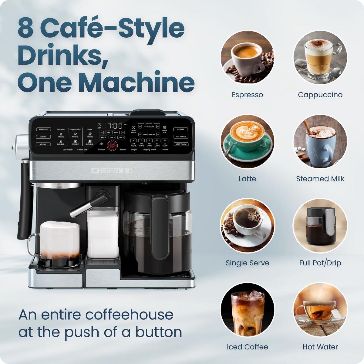 8-in-1 Espresso Machine with Milk Frother, 12-Cup Carafe, Black E900