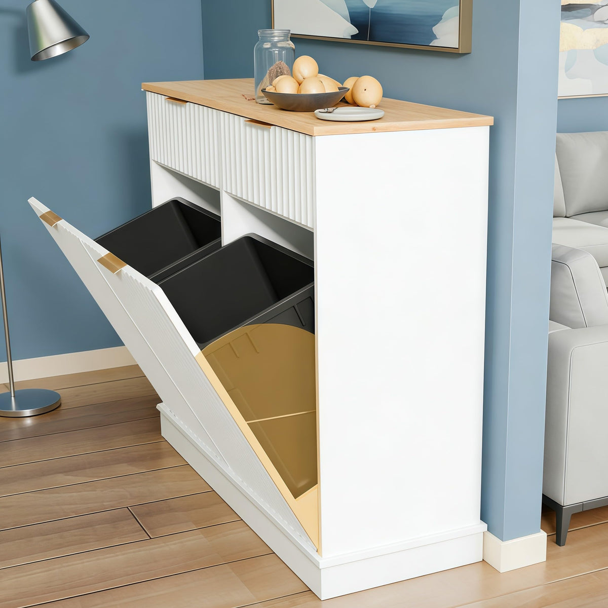20 Gallon Double Tilt Out Wooden Trash Can Cabinet with Storage Drawers F73952