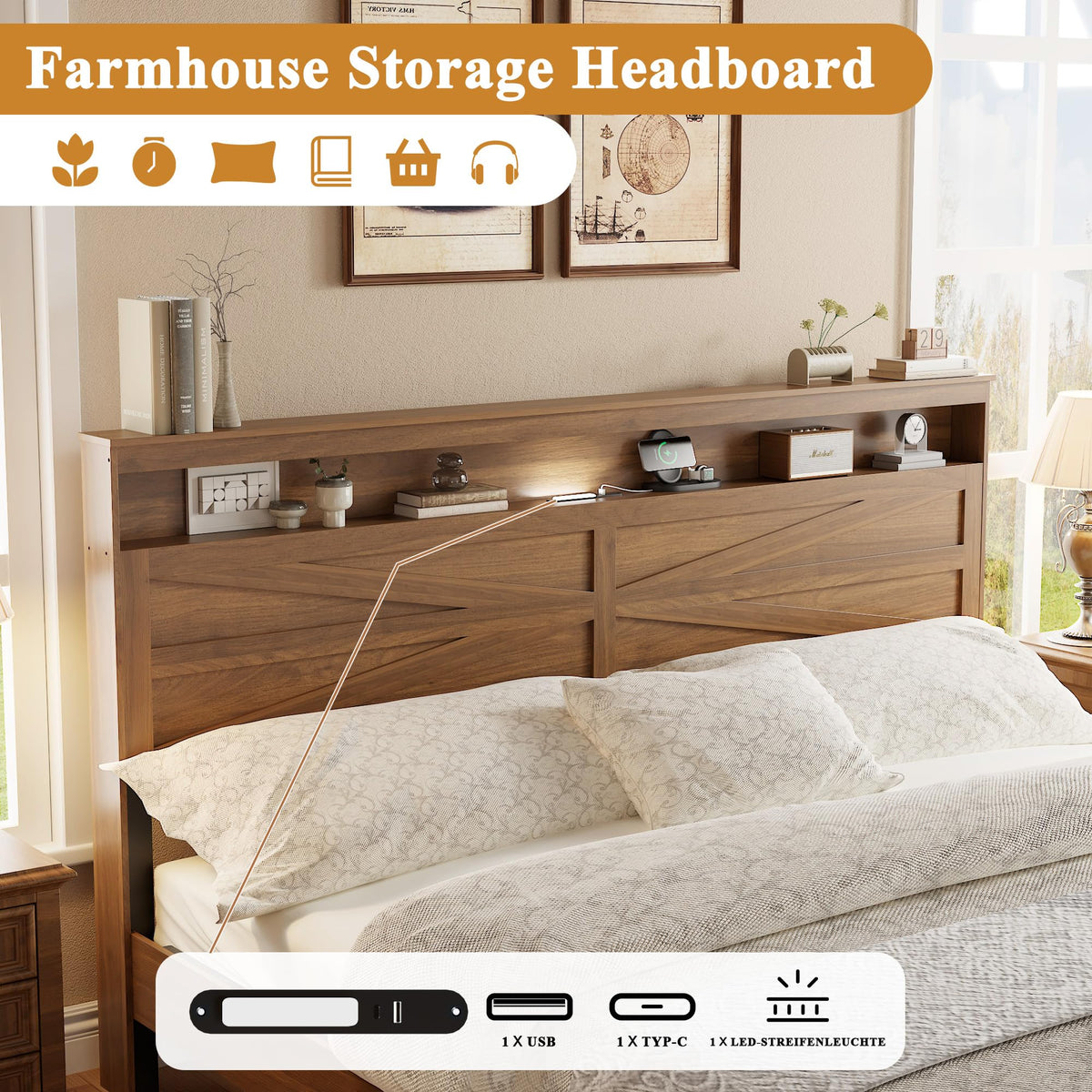 King Size Farmhouse Wooden Bed Frame with Storage Headboard T694
