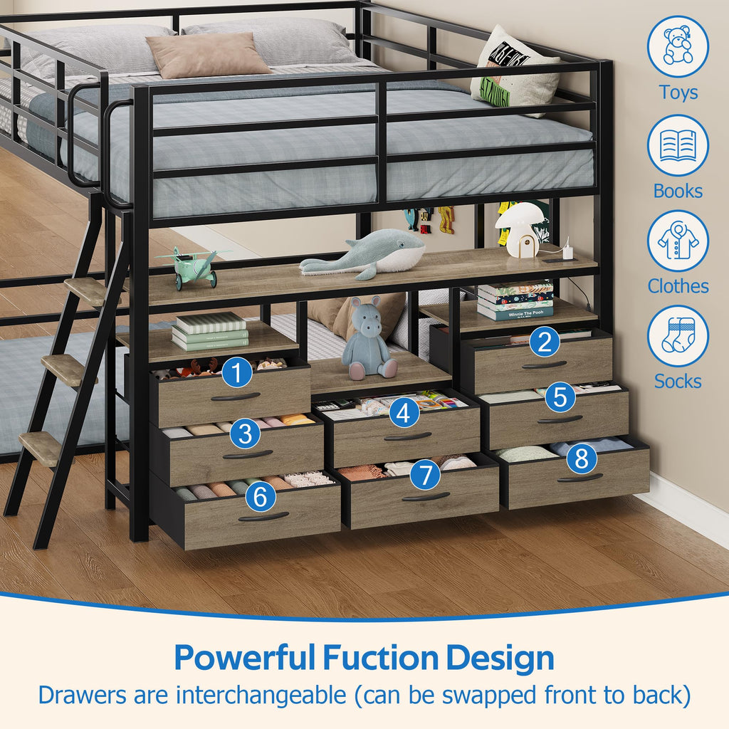 Full Over Twin Bunk Bed with 8 Drawers Grey E71331