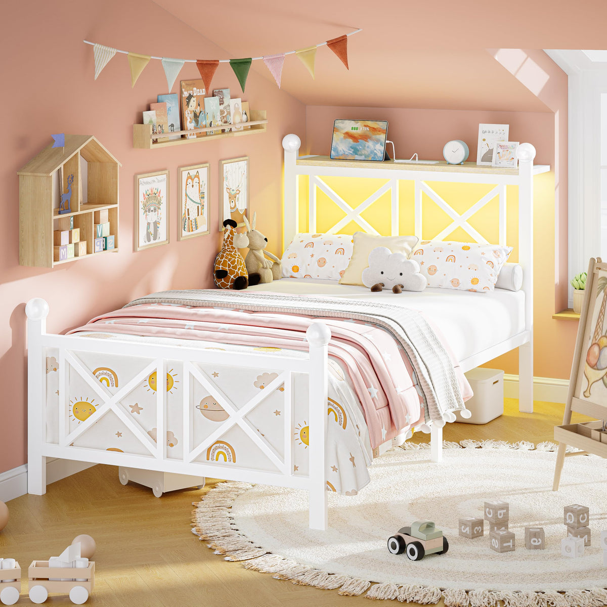 White Twin Bed Frame with Headboard and Footboard W8471
