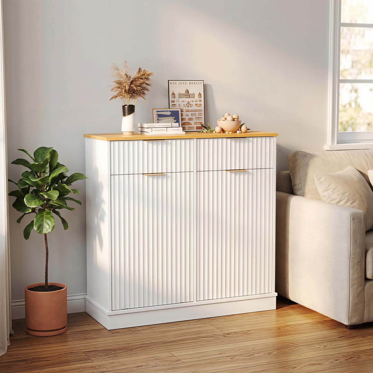20 Gallon Double Tilt Out Wooden Trash Can Cabinet with Storage Drawers F73952