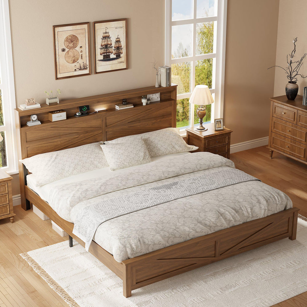 King Size Farmhouse Wooden Bed Frame with Storage Headboard T694