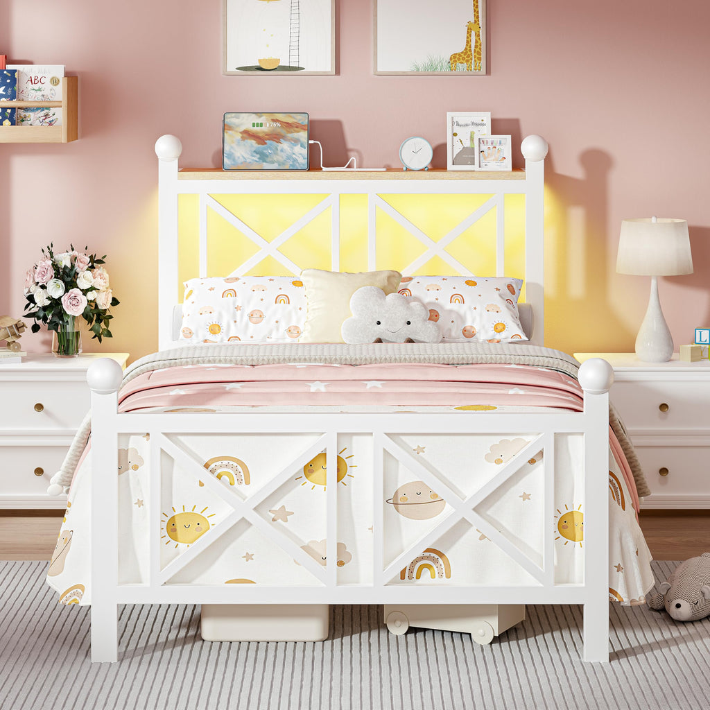 White Twin Bed Frame with Headboard and Footboard W8471