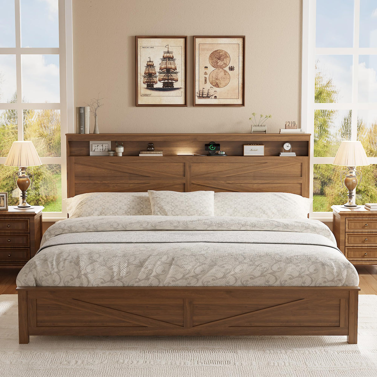 King Size Farmhouse Wooden Bed Frame with Storage Headboard T694