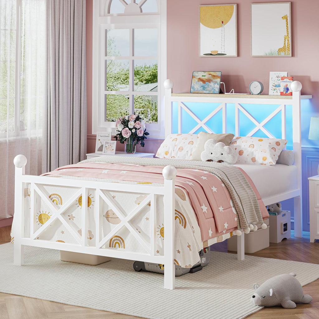 White Twin Bed Frame with Headboard and Footboard W8471