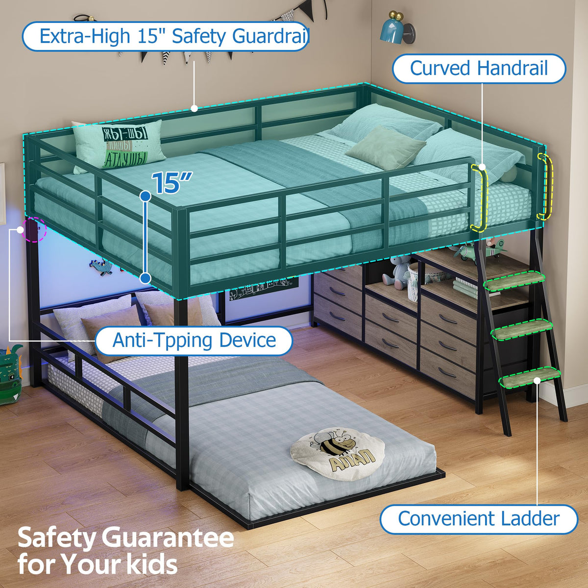 Full Over Twin Bunk Bed with 8 Drawers Grey E71331