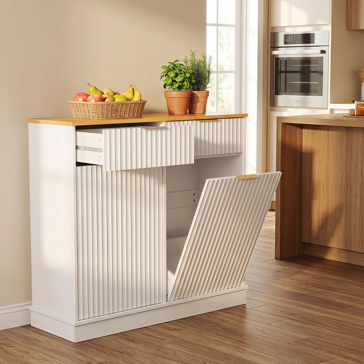 20 Gallon Double Tilt Out Wooden Trash Can Cabinet with Storage Drawers F73952