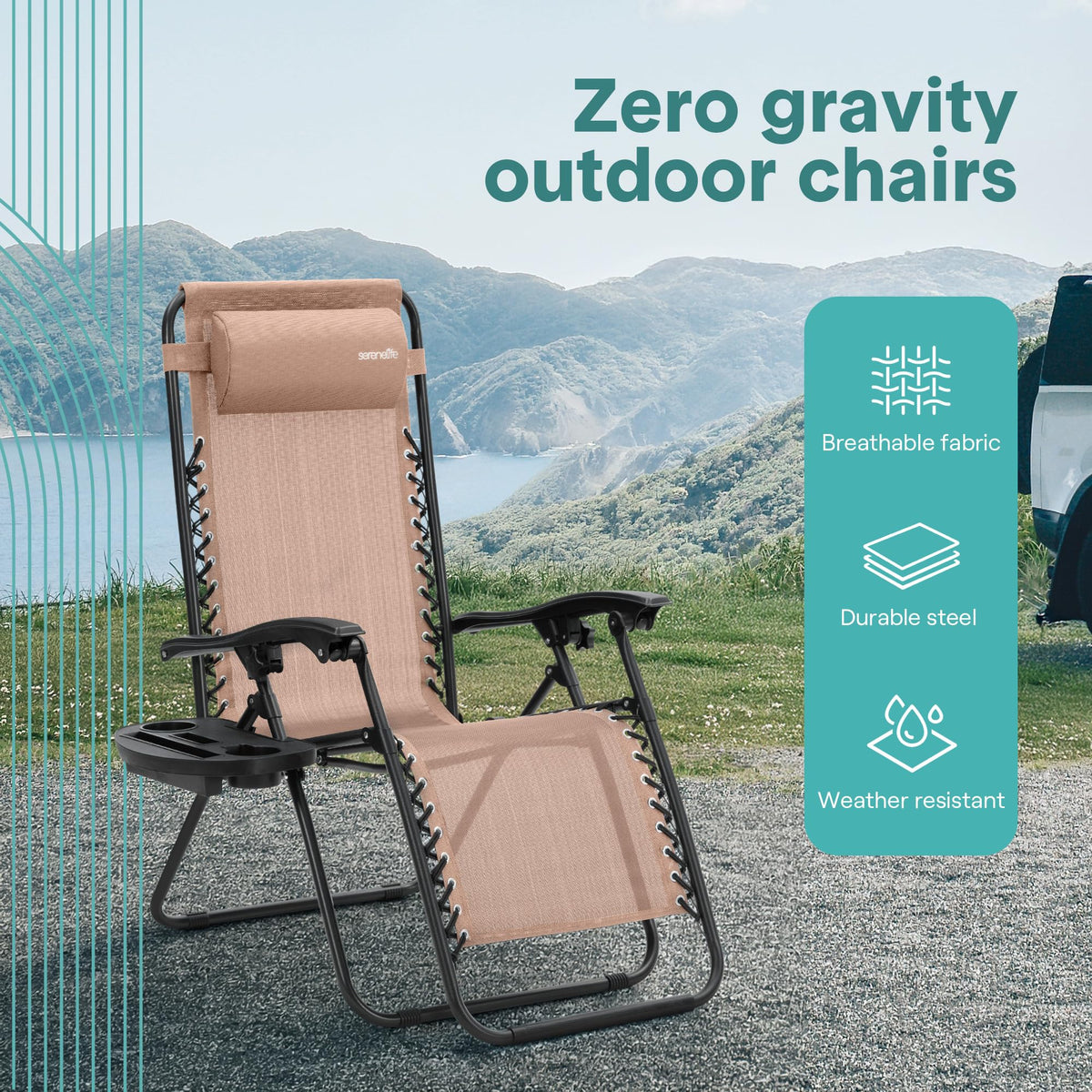 Adjustable Steel Mesh Zero Gravity Chairs Set of 2 with Cup Holder Tray D5009
