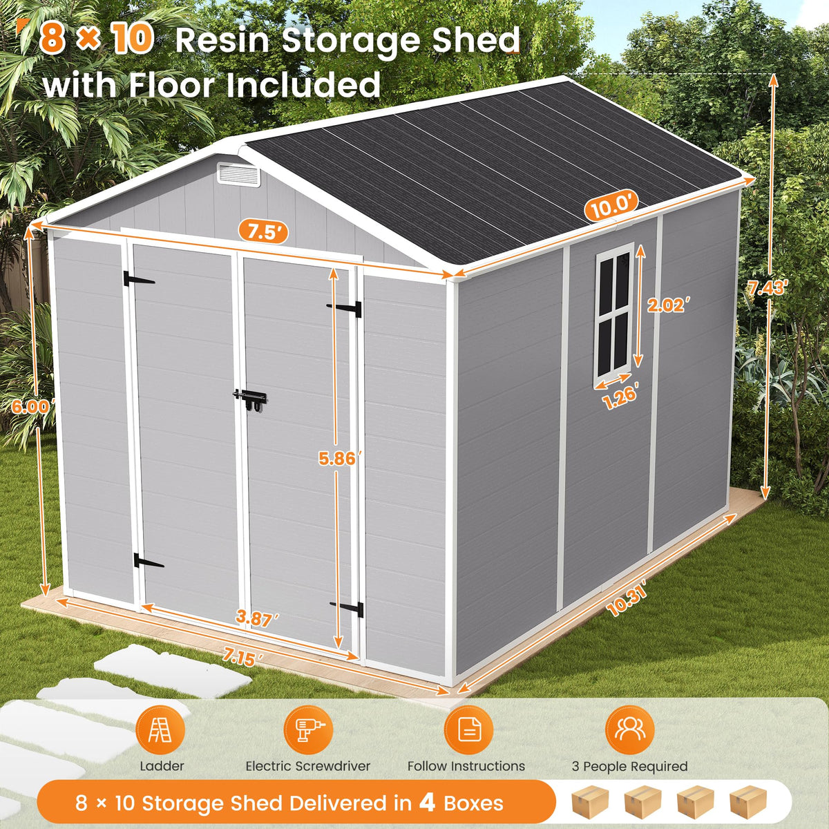 8 x 10 FT Resin Outdoor Storage Shed with Floor E5431